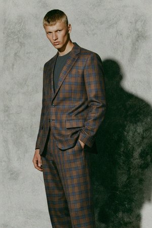 Tailored Brown Plaid Blazer with Blue Grid