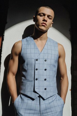 Blue Plaid Double-Breasted Vest