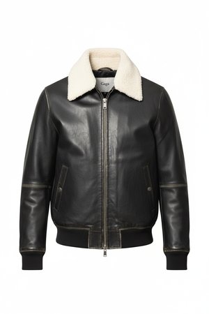 Classic Leather Bomber Jacket with Shearling Collar