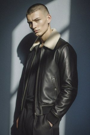 Classic Leather Bomber Jacket with Shearling Collar