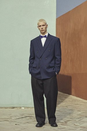 LANCERTO Blue Bow Tie with Pink Square Pattern