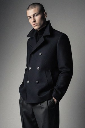 Navy Double-Breasted Wool Blend Coat
