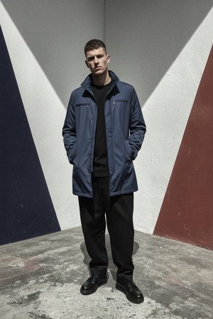 Classic Blue Mid-Length Coat with Zipper Details