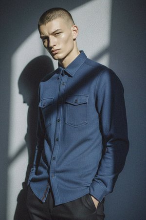 Textured Blue Button-Up Shirt with Dual Pockets