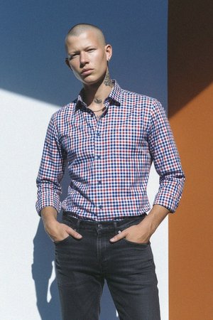 Checkered Button-Up Shirt with Red and Blue Pattern