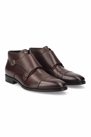 Elegant Brown Leather Double Monk Strap Ankle Boots