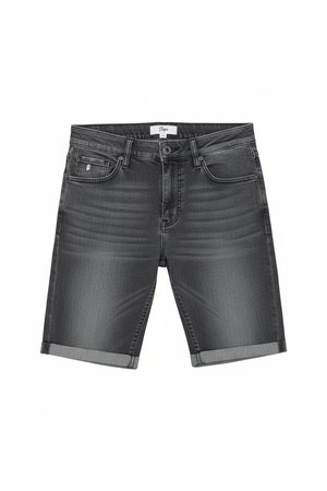 Washed Grey Denim Shorts with Cuffed Hem