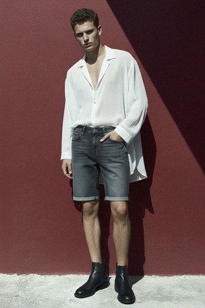 Washed Grey Denim Shorts with Cuffed Hem