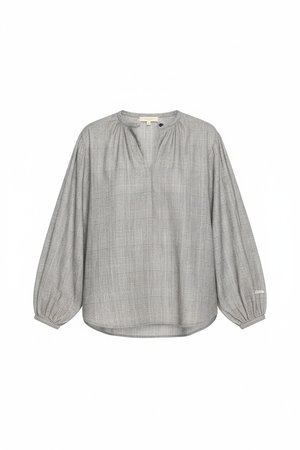Plaid V-Neck Blouse with Gathered Sleeves