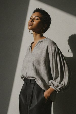 Plaid V-Neck Blouse with Gathered Sleeves