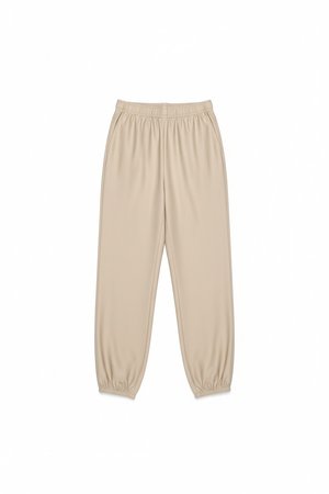 Beige Relaxed Fit Tapered Pants with Elastic Cuffs