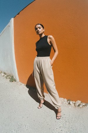 Beige Relaxed Fit Tapered Pants with Elastic Cuffs