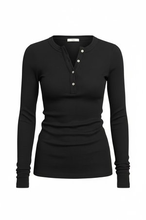 Black Ribbed Long-Sleeve Henley Top