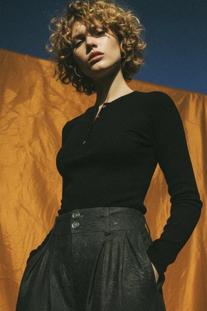 Black Ribbed Long-Sleeve Henley Top