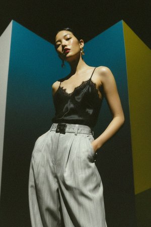 Black Lace Trim Satin Camisole Top