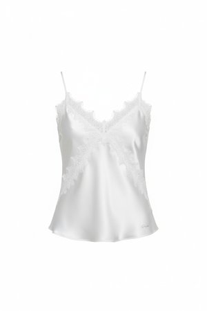Elegant White Satin Camisole Top with Delicate Lace Trim