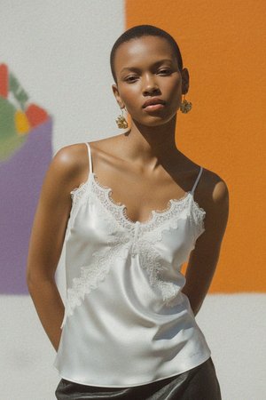 Elegant White Satin Camisole Top with Delicate Lace Trim