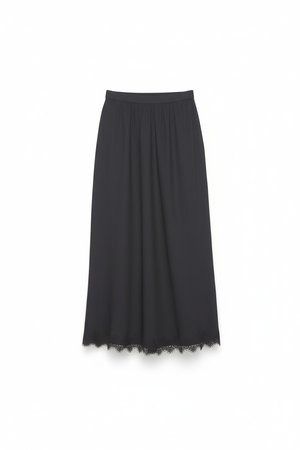 Elegant Black Midi Skirt with Lace Hem Detail