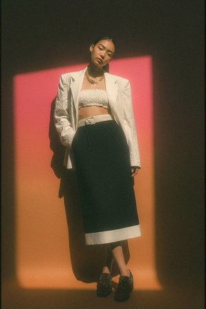 Classic Black Midi Skirt with White Hem Detail