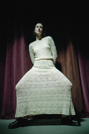 Crochet Knit Long Sleeve Top & Maxi Skirt Set