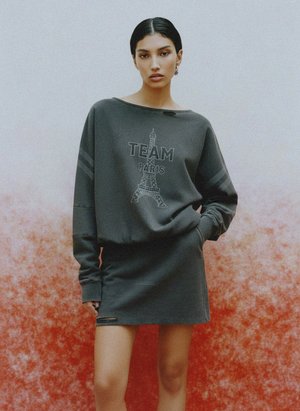 Washed Grey 'Team Paris' Sweatshirt & Mini Skirt Set