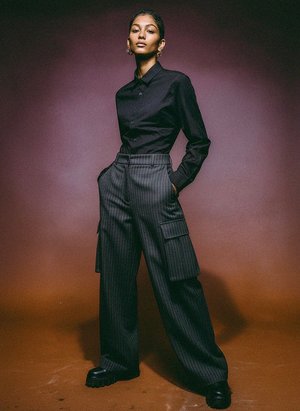 Pinstripe Wide-Leg Cargo Pants