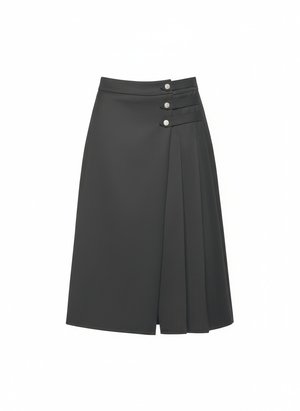 Black Pleated Midi Skirt with Decorative Buttons