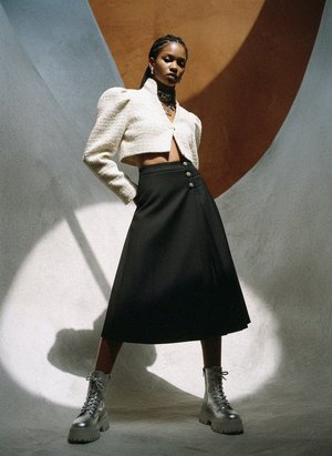 Black Pleated Midi Skirt with Decorative Buttons