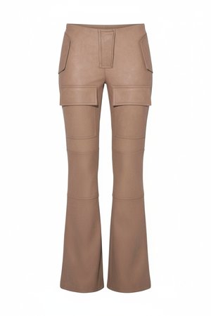Brown Faux Leather Flared Cargo Pants