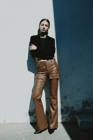 Brown Faux Leather Flared Cargo Pants