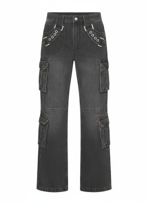 Washed Grey Cargo Jeans with Eyelet & Buckle Pockets