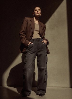 Washed Grey Cargo Jeans with Eyelet & Buckle Pockets