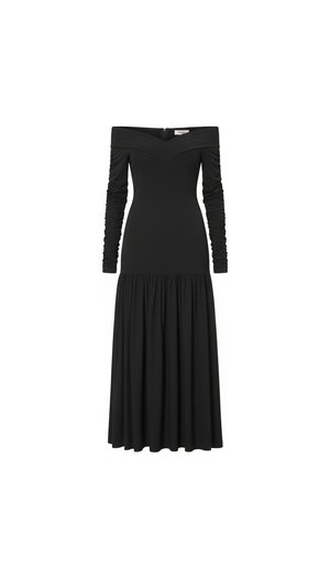 Elegant Black Off-Shoulder Midi Dress with Ruched Sleeves