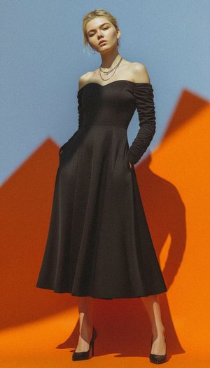 Elegant Black Off-Shoulder Midi Dress with Ruched Sleeves