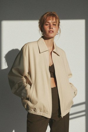 Oversized Beige Zip-Up Bomber Jacket