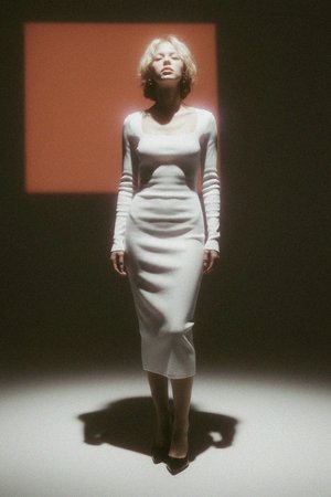 White Ribbed Long Sleeve Square Neck Midi Dress