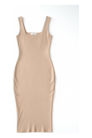 Fitted Ribbed Square Neck Midi Dress - Beige
