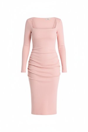 Elegant Pink Ribbed Square Neck Long Sleeve Midi Dress