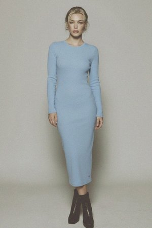 Ribbed Knit Long Sleeve Midi Dress - Light Blue